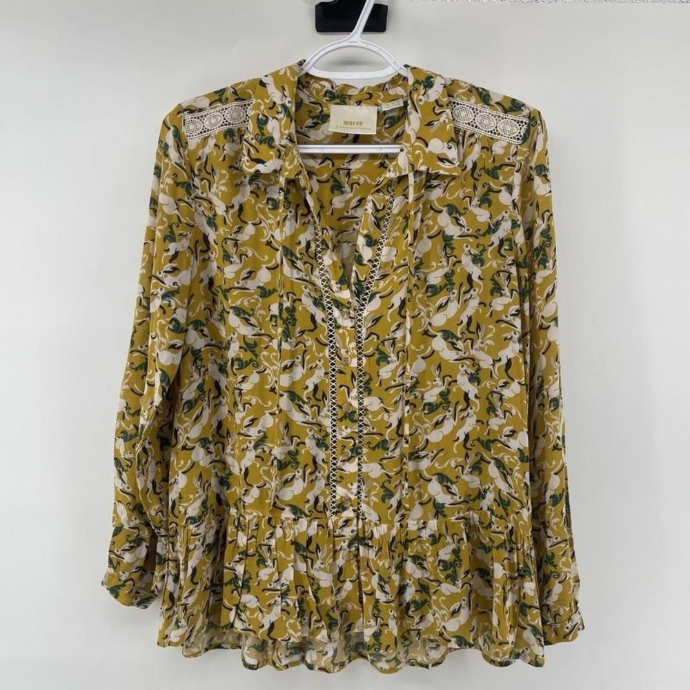 Maeve Anthropologie Yellow Bunny Print Crochet Tunic Boho Ruffle Blouse 2